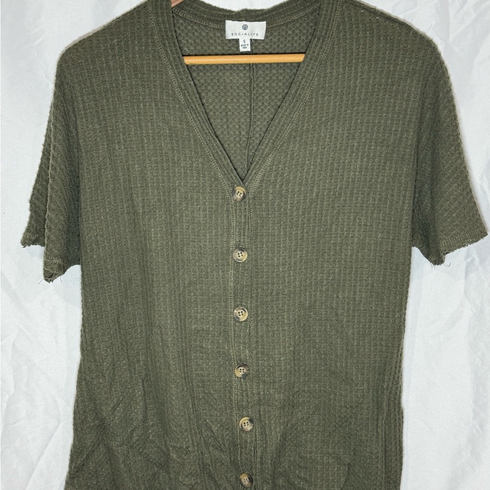 Socialite Women’s Short Sleeve Button Front  Waffle Knit Top
